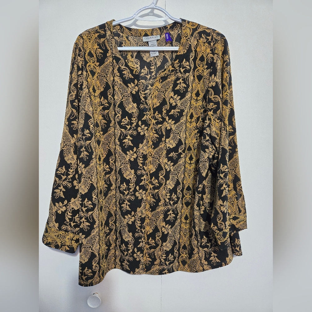 Catherine's Women's Black and Gold Button Down Blouse‎ - Size 1X Petite